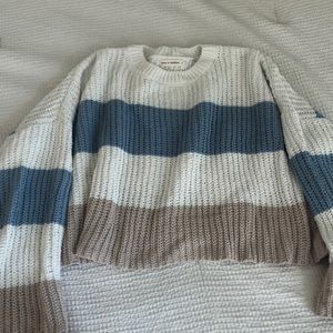 Cropped white blue and tan knit sweater